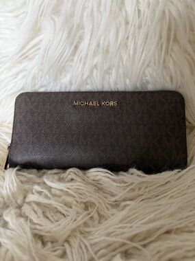 Michael Kors Dark Brown MK Monogram Zip Around Wallet with Gold Logo